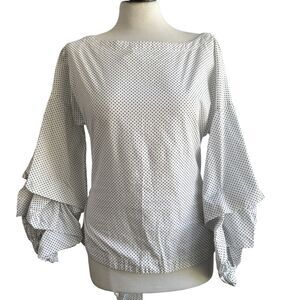 Max Jeans Blouse Polka Dot White/Black BalloonSleeves Belted‎ Coquette Small